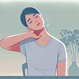 한여성이 목을 아파한다.