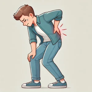 남자가 허리가 아파서 고통스러워하고 있다.