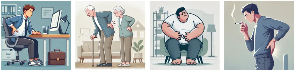 잘못된자세,흡연, 노화, 비만으로 인해 허리통증 발생함