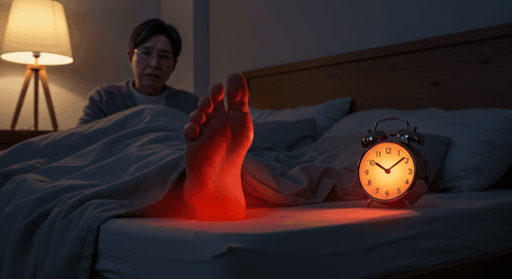 밤에 발바닥이 타는 듯한 통증으로 잠 못 드는 모습