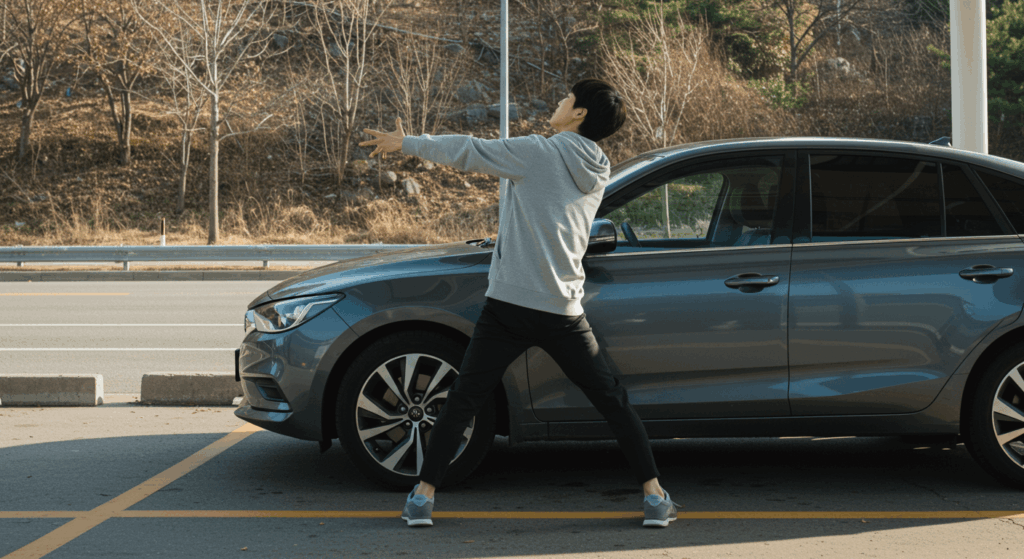 주차 후 차량 밖에서 스트레칭하는 장면